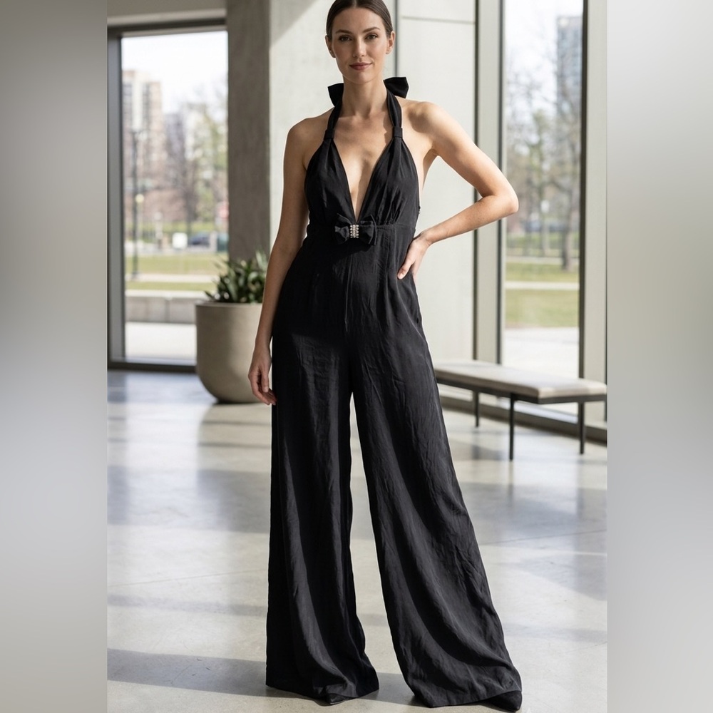 NWT ALICE by Temperley Vienne washed silk wide leg tall black jumpsuit, size 12